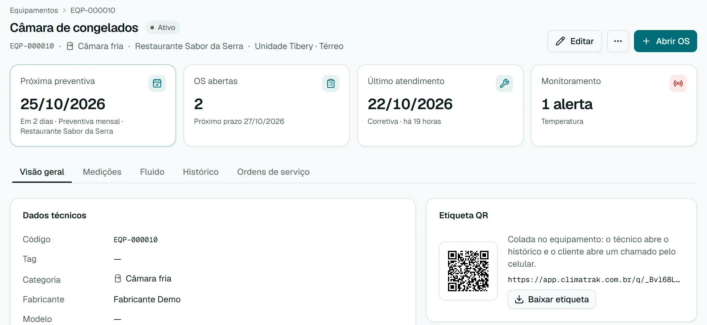 Ficha da câmara de congelados: próxima preventiva, OS abertas, último atendimento, o alerta do monitoramento e a etiqueta QR