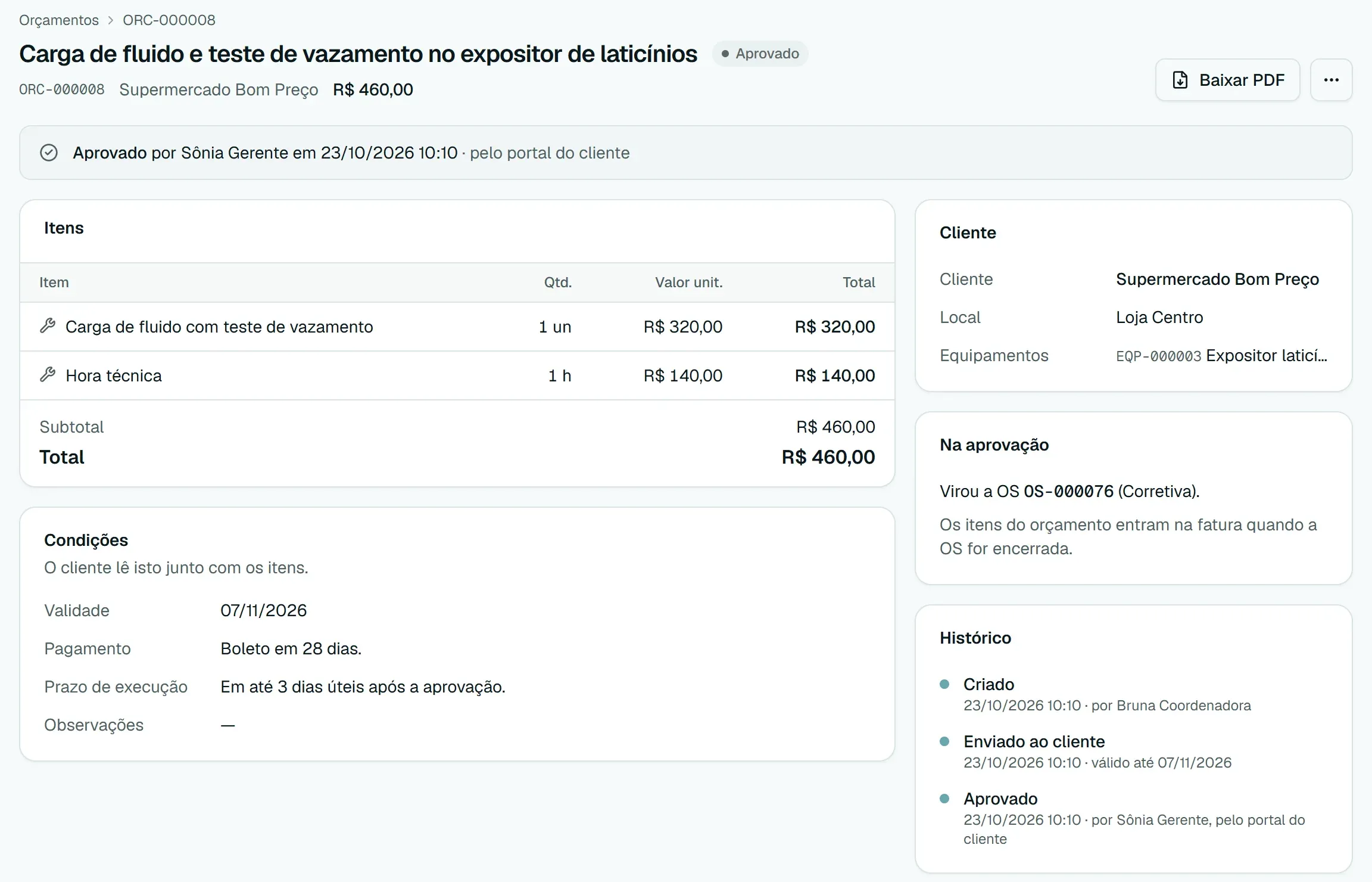 Orçamento aprovado pelo cliente no portal, que virou uma OS corretiva