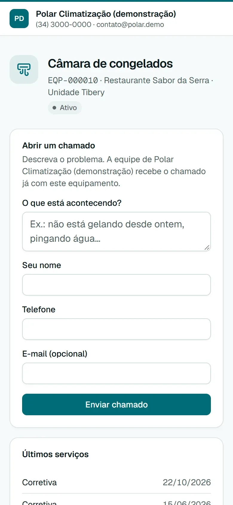 Página aberta pelo QR code da câmara de congelados, com o formulário para abrir um chamado