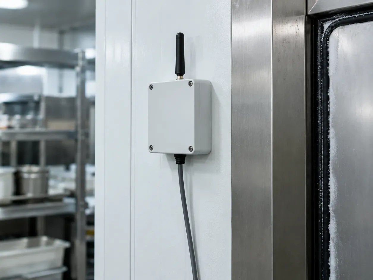 Gateway de monitoramento com antena, preso na parede de uma câmara fria ao lado da porta, com o cabo da sonda descendo